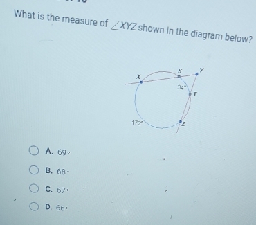 Solved: What is the measure of ∠ XYZ shown in the diagram below? A. 69 ...