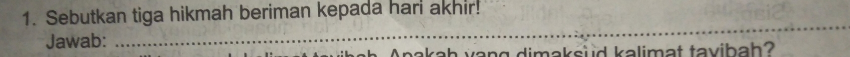 Sebutkan tiga hikmah beriman kepada hari akhir! 
Jawab: 
_ 
_ 
Anakah vang dimaksud kalimat tavibah?