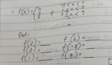 -2
1≤ x<5</tex> 
1. f(x)=beginarrayl 0  3/5 endarray. IF 5≤ x<7</tex> 
find:
f(2)=_  f(6)=_ 
f(0)=_  f(-4)=_ 
f(1)=_  f(3)=
_