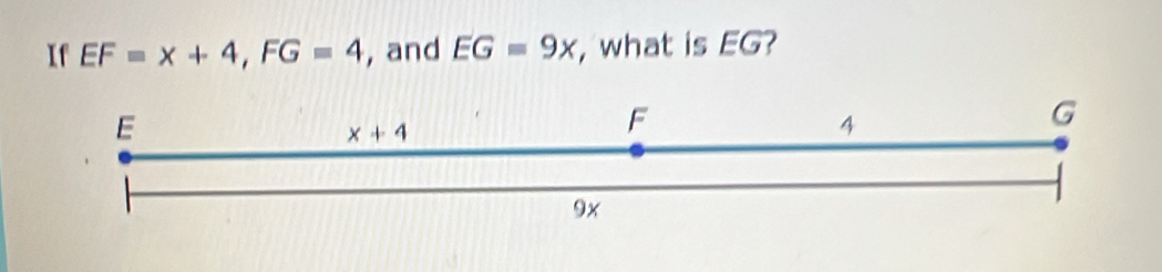 If EF=x+4,FG=4 , and EG=9x , what is EG?