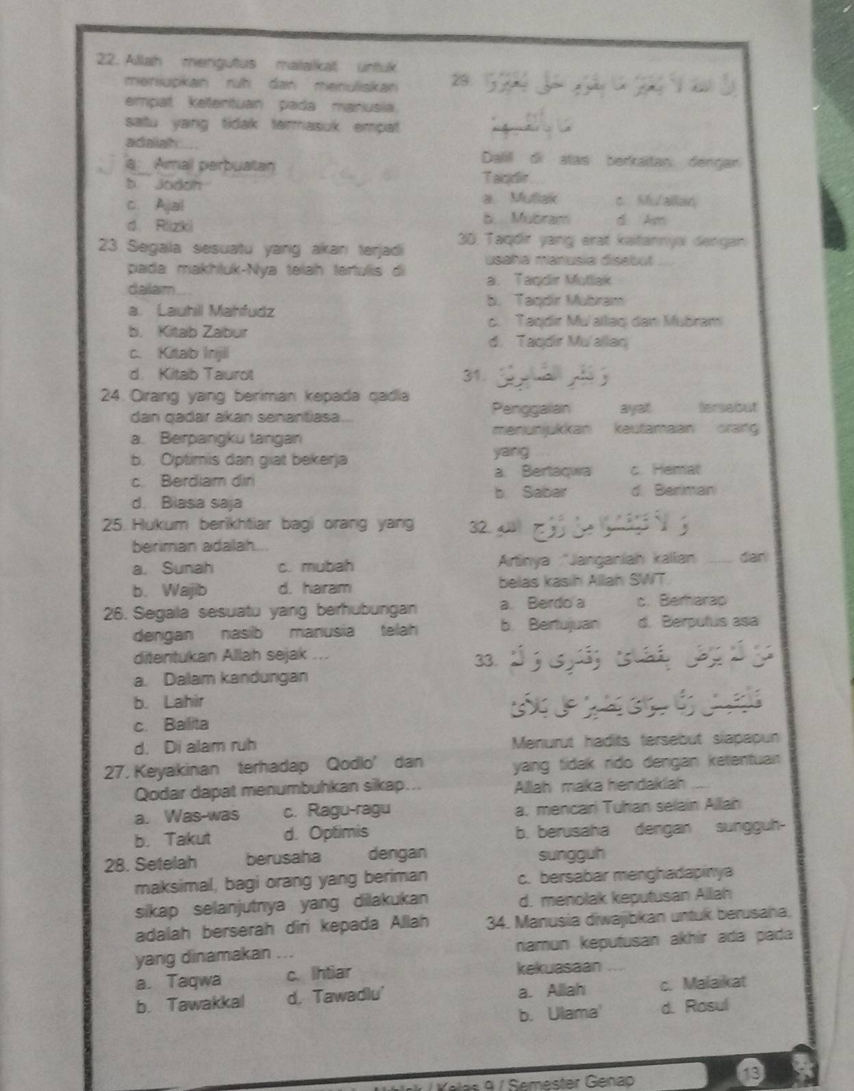 Allah mengutus mailailkat untuk
meniupkan ruh dan menuliskan 29.
empat ketentuan pada manusia.
satu yang tidak termasuk empat.
adallah Dalill di atas berkaitan dengan
a Aimal perbuatan
b Jodoh
Talcidir
c. Ajal
a Mulak c. Mu/allain
5. .  Mubram
d. Rlizki d Am
23 Segala sesuatu yang akan terjadi 30. Taqdir yang erat kaitannyai dengan
pada makhluk-Nya telah tartulis di
usaha manusia disebul
dailam
a. Taqdir Mutliak
b. Taqdir Mubram
a. Lauhil Mahfudz
c. Taqdir Mu'allaq dan Mubram
b. Kitab Zabur d. Taqdir Mu allaq
c. Kitab Injil
d. Kitab Taurot 31.
24. Oirang yang beriman kepada qadia
dan gadar akan senantiasa. Penggaian ayet tersebut
menunjukkan keutamaan crang
a. Berpangku tangan
b. Optimis dan giat bekerja
yang
a. Bertaqwa c. Hemat
c. Berdiam dir
b. Sabar d. Beriman
d. Biasa saja
25. Hukum berikhtiar bagi orang yang 32 4 7
beriman adalah...
a. Sunah c. mubah Artinya :'Janganiah kallian _dan
b. Wajib d. haram belas kasih Allah SWT
26. Segala sesuatu yang berhubungan a. Berdo a c. Berharap
dengan nasib manusia telah
b. Bertujuan d. Berputus asa
ditentukan Allah sejak ... 33.
a. Dalam kandungan
b. Lahir
c. Balita
d. Di alam ruh Menurut hadits tersebut siapapun
27. Keyakinan terhadap Qodlo’ dan
yang tidak rido dengan ketentuai 
Qodar dapat menumbuhkan sikap... Allah maka hendaklah
a. Was-was c. Ragu-ragu a. mencar Tuhan selain Allan
b. Takut d. Optimis b. berusaha dengan sungguh-
28. Setelah berusaha dengan sungguh
maksimal, bagi orang yang beriman c. bersabar menghadapinya
sikap selanjutnya yang dilakukan d. menolak keputusan Allah
adalah berserah diri kepada Allah 34. Manusia diwajibkan untuk berusana,
yang dinamakan namun keputusan akhir ada pada
a. Taqwa c. Ihtiar kekuasaan     
b. Tawakkal d. Tawadlu a. Allah c. Malaikat
b. Ulama' d. Rosul
Volas 9 / Semestar Genao
3