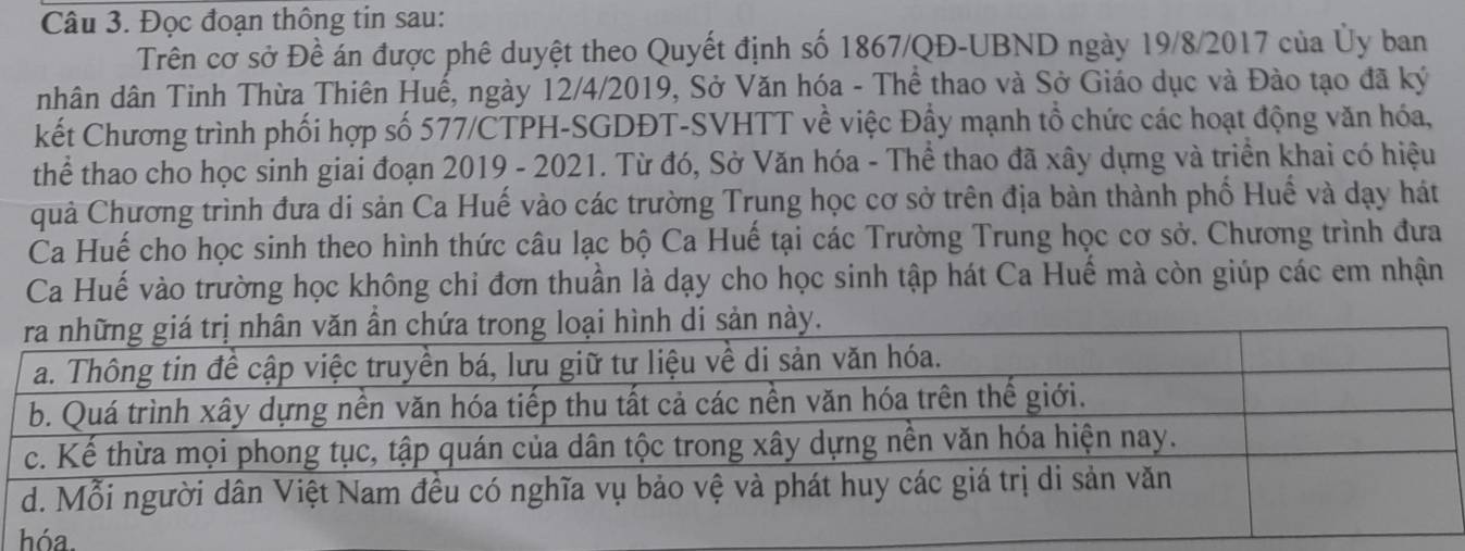 Đọc đoạn thông tin sau: 
Trên cơ sở Đề án được phê duyệt theo Quyết định số 1867/QĐ-UBND ngày 19/8/2017 của Ủy ban 
nhân dân Tinh Thừa Thiên Huế, ngày 12/4/2019, Sở Văn hóa - Thể thao và Sở Giáo dục và Đào tạo đã ký 
kết Chương trình phối hợp số 577/CTPH-SGDĐT-SVHTT về việc Đầy mạnh tổ chức các hoạt động văn hóa, 
thể thao cho học sinh giai đoạn 2019 - 2021. Từ đó, Sở Văn hóa - Thể thao đã xây dựng và triển khai có hiệu 
uả Chương trình đưa di sản Ca Huế vào các trường Trung học cơ sở trên địa bàn thành phố Huế và dạy hát 
Ca Huế cho học sinh theo hình thức câu lạc bộ Ca Huế tại các Trường Trung học cơ sở. Chương trình đưa 
Ca Huế vào trường học không chi đơn thuần là dạy cho học sinh tập hát Ca Huế mà còn giúp các em nhận