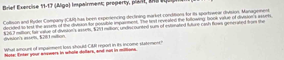 Brief Exercise 11-17 (Algo) Impairment; property, plant, and equip 
Collison and Ryder Company (C&R) has been experiencing declining market conditions for its sportswear division, Management 
decided to test the assets of the division for possible impairment. The test revealed the following: book value of division's assets,
$26.7 million; fair value of division's assets, $21.1 million; undiscounted sum of estimated future cash flows generated from the 
division's assets, $28.1 million. 
What amount of impairment loss should C&R report in its income statement? 
Note: Enter your answers in whole dollars, and not in millions.