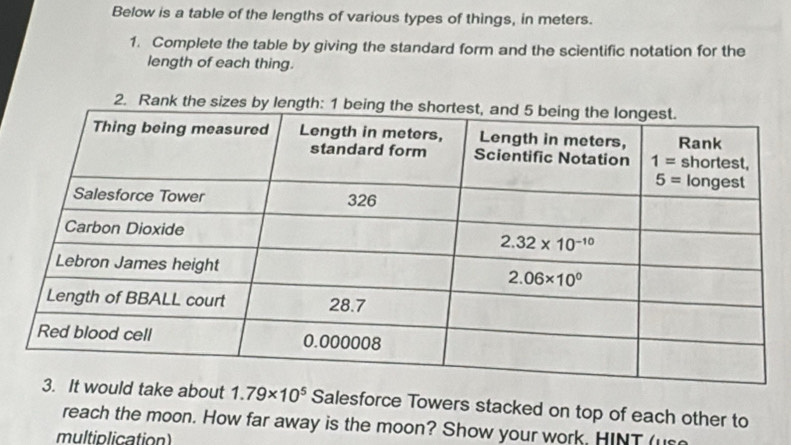 Below is a table of the lengths of various types of things, in meters.
1. Complete the table by giving the standard form and the scientific notation for the
length of each thing.
2. R
ut 1.79* 10^5 Salesforce Towers stacked on top of each other to
reach the moon. How far away is the moon? Show your work. HINT (use
multiplication)