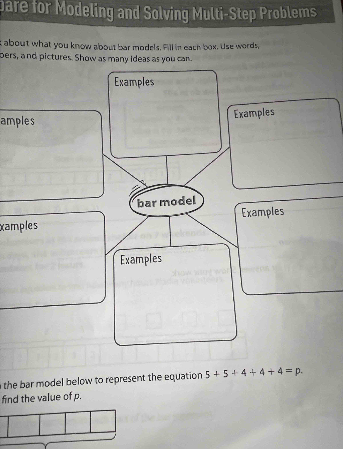 pare for Modeling and Solving Multi-Step Problems 
k about what you know about bar models. Fill in each box. Use words, 
bers, and pictures. Show as many ideas as you can. 
Examples 
amples 
Examples 
bar model 
Examples 
xamples 
Examples 
the bar model below to represent the equation 5+5+4+4+4=p. 
find the value of p.