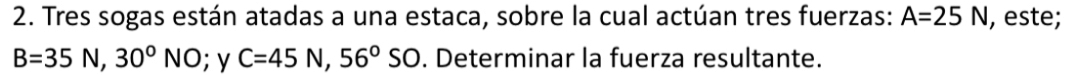 Tres sogas están atadas a una estaca, sobre la cual actúan tres fuerzas: A=25N , este;
B=35N, 30^0NO; y C=45N, 56°SO. Determinar la fuerza resultante.