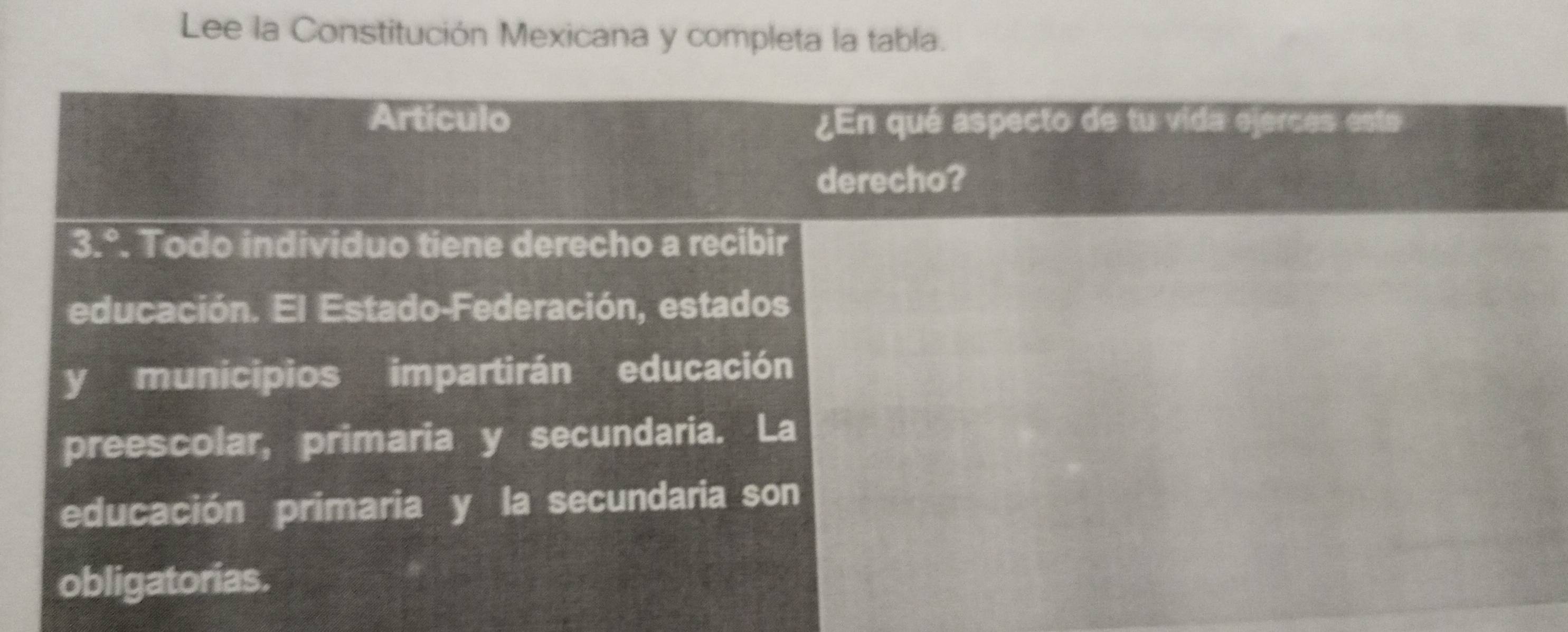 Lee la Constitución Mexicana y completa la tabla.