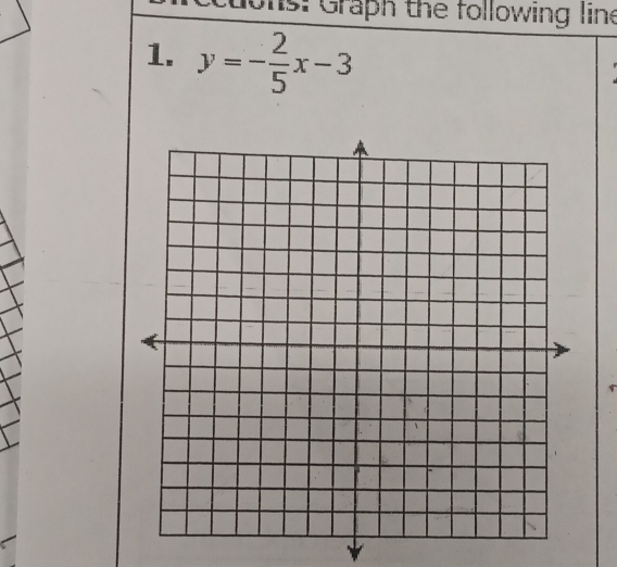 dons: Graph the following line 
1. y=- 2/5 x-3