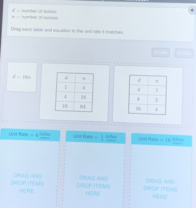 d= number of dollars
n= number of ounces 
Drag each table and equation to the unit rate it matches. 
CLEAR CHECK
d=16n

Unit Rate = 4 cne Unit Rate = △ dellars Unit Rate = 16 fer 
DRAG AND DRAG AND DRAG AND 
DROP ITEMS DROP ITEMS DROP ITEMS 
HERE HERE HERE