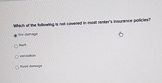 Which of the following is not covered in most renter's insurance policies?
fire damage
tneft
vandalism
flood damage