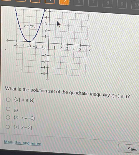 7 8 9 10
What is the solution set of the quadratic inequality f(x)≥ 0 ?
 x|x∈ R
 x|x=-3
 x|x=3
Mark this and return
Save