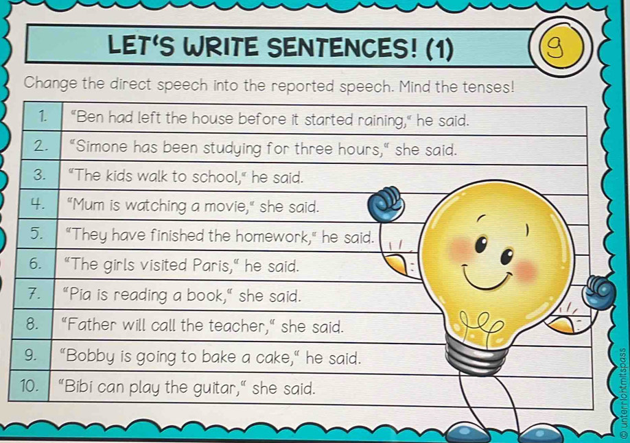 LET'S WRITE SENTENCES! (1) g 
Change the direct speech into the reported speech. Mind the tenses!