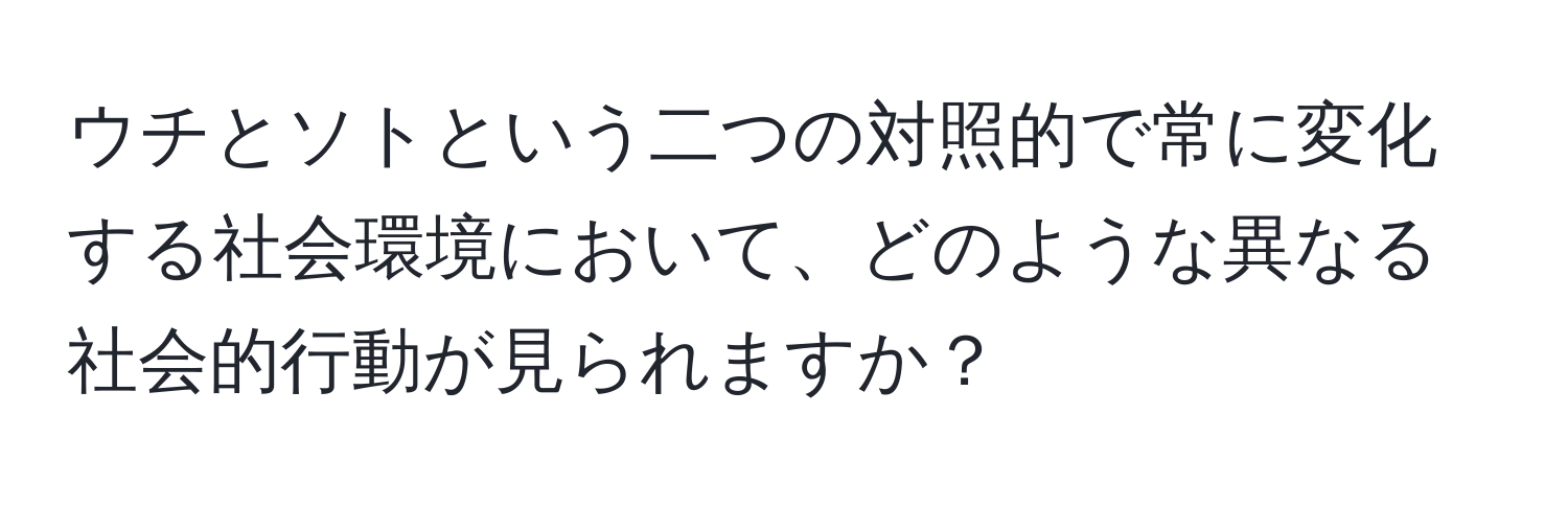 ウチとソトという二つの対照的で常に変化する社会環境において、どのような異なる社会的行動が見られますか？