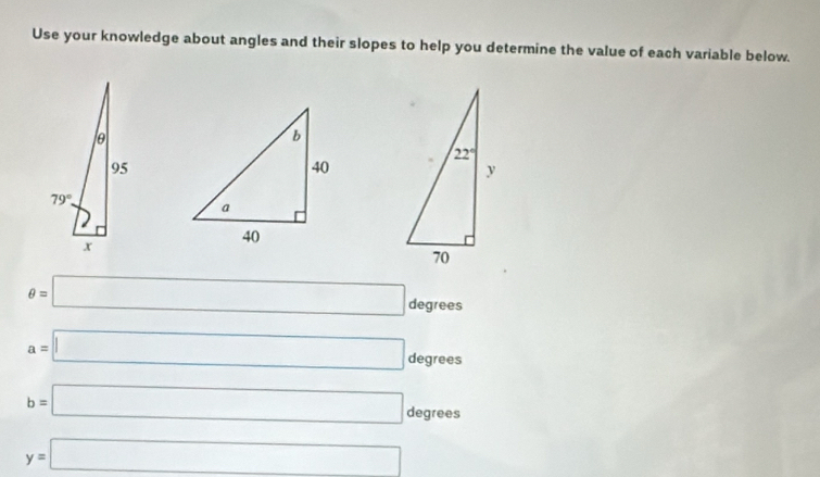 Use your knowledge about angles and their slopes to help you determine the value of each variable below.
θ =□ degrees
a=□ degrees
b=□ degrees
y=□