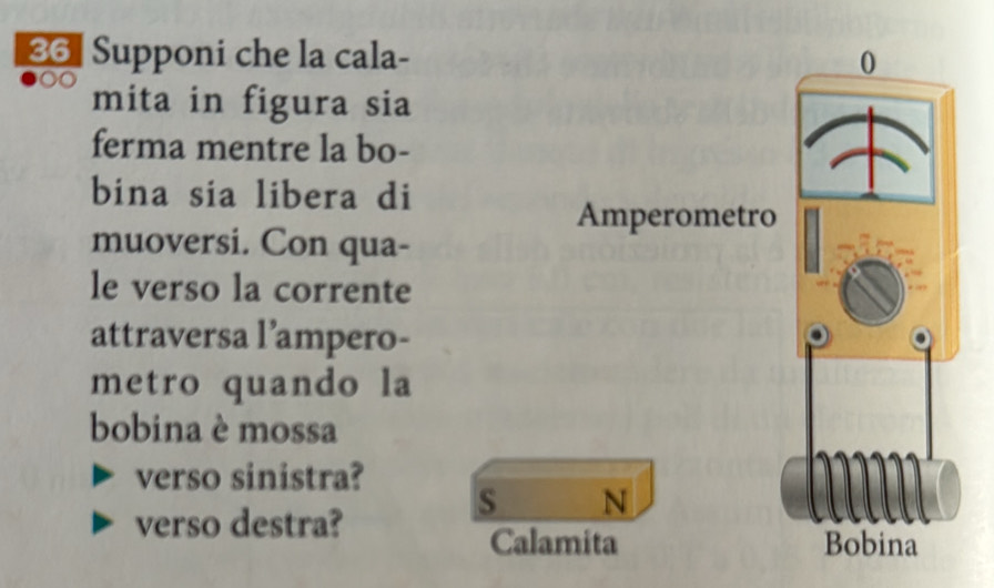 Supponi che la cala- 0 
mita in figura sia 
ferma mentre la bo- 
bina sia libera di 
Amperometro 
muoversi. Con qua- 
le verso la corrente 
attraversa l’ampero- 
metro quando la 
bobina è mossa 
verso sinistra? 
s N 
verso destra? 
Calamita Bobina