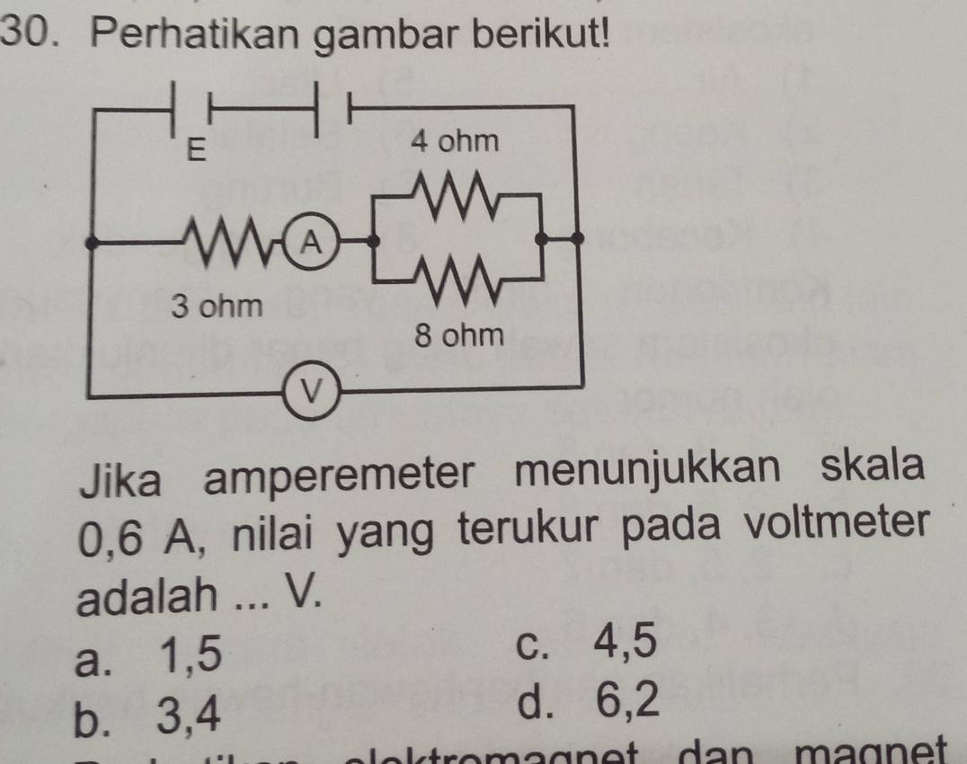 Perhatikan gambar berikut!
Jika amperemeter menunjukkan skala
0, 6 A, nilai yang terukur pada voltmeter
adalah ... V.
a. 1, 5
c. 4, 5
b.⩽ 3, 4
d. 6, 2
ro agn e t dan magn et