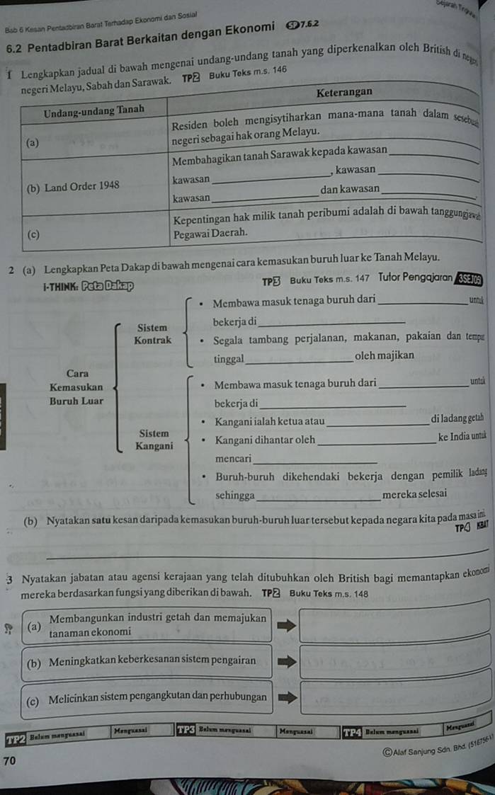 Segaran Tronas
Bab 6 Kesan Pentadbiran Barat Terhadap Ekonomi dan Sosial
6.2 Pentadbiran Barat Berkaitan dengan Ekonomi D7.62
fkan jadual di bawah mengenai undang-undang tanah yang diperkenalkan olch British di m
eks m.s. 146
2 (a) Lengkapkan Peta Dakap di bawah mengenai cara kemasukan buruh luar ke Tanah Melayu.
I-ThIN Peta Dakap TPB Buku Teks m.s. 147 Tutor Pengajaran 
Membawa masuk tenaga buruh dari_ unhá
Sistem bekerja di_
Kontrak Segala tambang perjalanan, makanan, pakaian dan temp
tinggal_ oleh majikan
Cara
Kemasukan Membawa masuk tenaga buruh dari _untel
Buruh Luar bekerja di_
Kangani ialah ketua atau_ di ladang getzh
Sistem
Kangani Kangani dihantar oleh _ke India untak
mencari_
Buruh-buruh dikehendaki bekerja dengan pemilik lada
sehingga_ mereka selesai
(b) Nyatakan satu kesan daripada kemasukan buruh-buruh luar tersebut kepada negara kita pada masaim
TPG KBUT
3 Nyatakan jabatan atau agensi kerajaan yang telah ditubuhkan oleh British bagi memantapkan ekonom
mereka berdasarkan fungsi yang diberikan di bawah. TP⊥ Buku Teks m.s. 148
Membangunkan industri getah dan memajukan
(a) tanaman ekonomi
(b) Meningkatkan keberkesanan sistem pengairan
(c) Melicinkan sistem pengangkutan dan perhubungan
TP2 Belum manguasai Menguasai TP3 Belum mesguasal Menquasai TP4 Dulum menguasai
Menguanci
©Alaf Sanjung Sdn, Bhd. (516756))
70