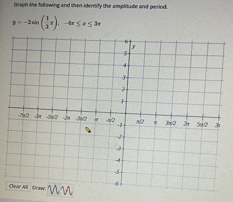 Graph the following and then identify the amplitude and period.
y=-2sin ( 1/3 x), -4π ≤ x≤ 3π