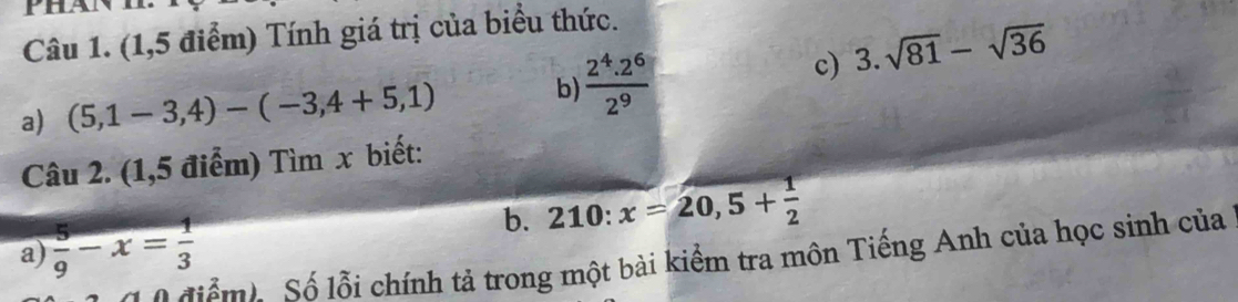 phan 
Câu 1. (1,5 điểm) Tính giá trị của biểu thức. 
a) (5,1-3,4)-(-3,4+5,1) b  (2^4.2^6)/2^9 
c) 3.sqrt(81)-sqrt(36)
Câu 2. (1,5 điểm) Tìm x biết: 
a)  5/9 -x= 1/3  b. 210:x=20,5+ 1/2 
* đ ể m) Số lỗi chính tả trong một bài kiểm tra môn Tiếng Anh của học sinh của