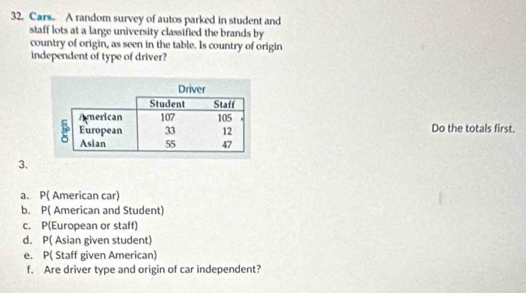 Cars. A random survey of autos parked in student and 
staff lots at a large university classified the brands by 
country of origin, as seen in the table. Is country of origin 
independent of type of driver? 
Do the totals first. 
3. 
a. P( American car) 
b. P( American and Student) 
c. P(European or staff) 
d. P( Asian given student) 
e. P( Staff given American) 
f. Are driver type and origin of car independent?