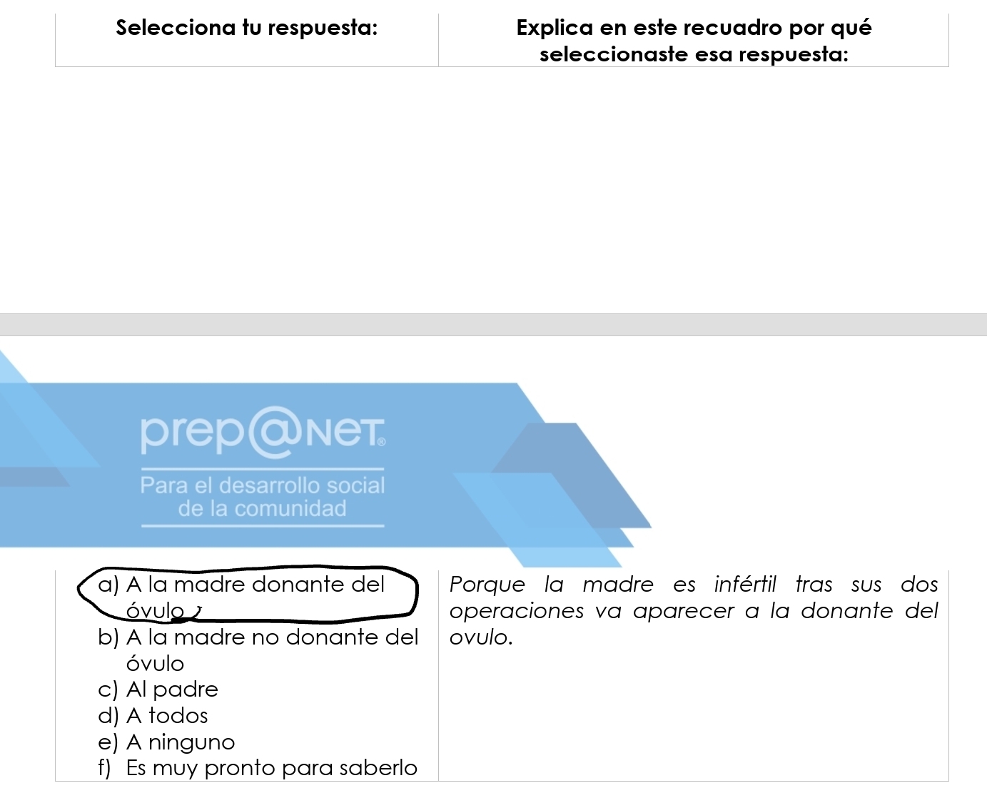 Selecciona tu respuesta: Explica en este recuadro por qué
seleccionaste esa respuesta:
preр@Net
Para el desarrollo social
de la comunidad
a) À la madre donante del Porque la madre es infértil tras sus dos
óvulo operaciones va aparecer a la donante del
b) A la madre no donante del ovulo.
óvulo
c) Al padre
d) A todos
e) A ninguno
f) Es muy pronto para saberlo