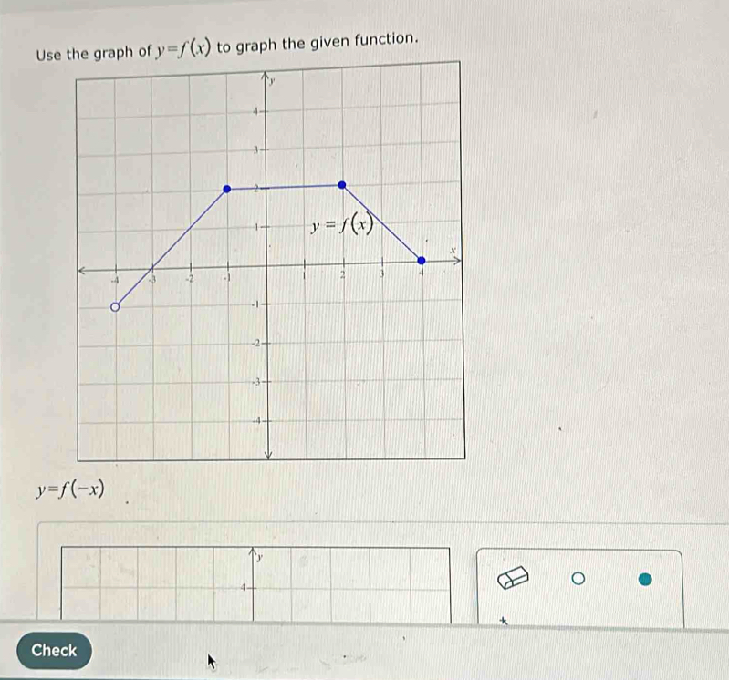 Us y=f(x) to graph the given function.
y=f(-x)
Check