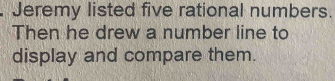 Jeremy listed five rational numbers. 
Then he drew a number line to 
display and compare them.
