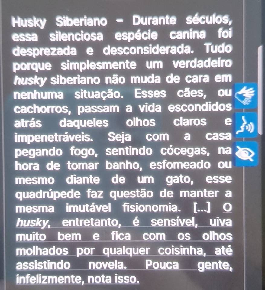 Husky Siberiano - Durante séculos, 
essa silenciosa espécie canina foi 
desprezada e desconsiderada. Tudo 
porque simplesmente um verdadeiro 
husky siberiano não muda de cara em 
nenhuma situação. Esses cães, ou 
cachorros, passam a vida escondidos 
atrás daqueles olhos claros e 
impenetráveis. Seja com a casa 
pegando fogo, sentindo cócegas, na 
hora de tomar banho, esfomeado ou 
mesmo diante de um gato, esse 
quadrúpede faz questão de manter a 
mesma imutável fisionomia. [...] O 
husky, entretanto, é sensível, uiva 
muito bem e fica com os olhos 
molhados por qualquer coisinha, até 
assistindo novela. Pouca gente, 
infelizmente, nota isso.