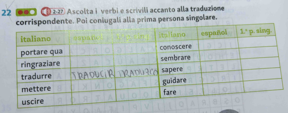 22 .  § 2-27 Ascolta i verbi e scrivili accanto alla traduzione
dente. Poi coniugali alla prima persona singolare.