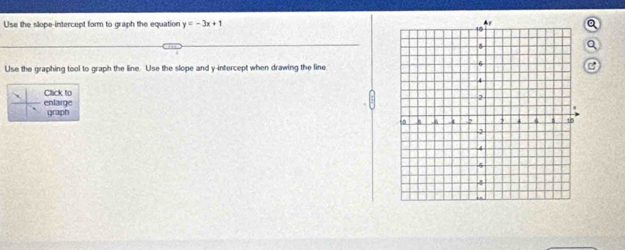 Use the slope-intercept form to graph the equation y=-3x+1
a 
Q 
Use the graphing tool to graph the line. Use the slope and y-intercept when drawing the lineB 
Click to 
enlarge 
graph