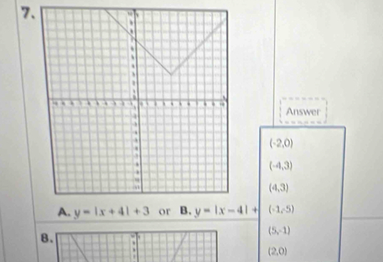 Answer
(-2,0)
(-4,3)
(4,3)
y=|x-4|+|(-1-5)
8.
`
(5,-1)
(2,0)