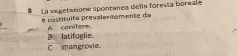 La vegetazione spontanea della foresta boreale
è costituita prevalentemente da
A conifere.
B latifoglie.
C mangrovie.