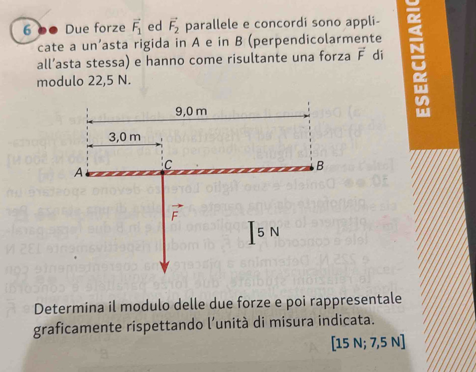 6 .. Due forze vector F_1 ed vector F_2 parallele e concordi sono appli- 
cate a un’asta rigida in A e in B (perpendicolarmente 
all’asta stessa) e hanno come risultante una forza vector F di 
modulo 22,5 N.
9,0 m
3,0 m
A 
C 
B
vector F
5 N
Determina il modulo delle due forze e poi rappresentale 
graficamente rispettando l’unità di misura indicata.
[15N;7,5N]