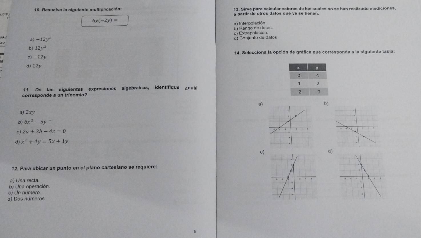 Resuelva la siguiente multiplicación: 13. Sirve para calcular valores de los cuales no se han realizado mediciones,
LICITU a partir de otros datos que ya se tienen.
6y(-2y)=
a) Interpolación.
b) Rango de datos.
c) Extrapolación.
ARIA a) -12y^2 d) Conjunto de datos
JEZ b) 12y^2
14. Selecciona la opción de gráfica que corresponda a la siguiente tabla:
c) -12y
d) 12y
11. De las siguientes expresiones algebraicas, identifique ¿cuál
corresponde a un trinomio?
a)
b)
a) 2xy
b) 6x^2-5y=
c) 2a+3b-4c=0
d) x^2+4y=5x+1y
c)
d)
12. Para ubicar un punto en el plano cartesiano se requiere:
a) Una recta.
b) Una operación.
c) Un número.
d) Dos números.