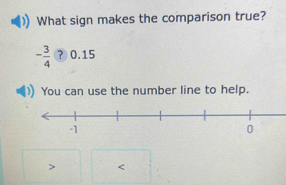 What sign makes the comparison true?
- 3/4  ? 0.15
You can use the number line to help.