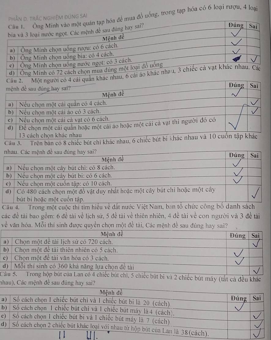 ĐÚNG SAI
đồ uống, trong tạp hóa có 6 loại rượu, 4 loại
Câu 3. Trên bản có 8 chiếc bút chì kh
Câu 4. Trong một cuộc thi tìm hiểu về đất nước Việt Nam, ban tổ chức công bố danh sách
các đề tài bao gồm: 6 đề tài về lịch sử, 5 đề tài về thiên nhiên, 4 đề tài về con người và 3 đề tài
về văn hóa. Mỗi thí sinh được quyền chọn một đề tài, Các mệnh đề sau
C
nh
b
c
d