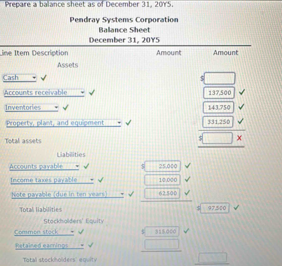 Prepare a balance sheet as of December 31, 20Y5. 
Pendray Systems Corporation 
Balance Sheet 
December 31, 20Y5 
Line Item Description Amount Amount 
Assets 
Cash
$□
Accounts receivable 137 5 00
Inventories
143,750
Property, plant, and equipment 
Total assets 
beginarrayr □  331250$□ *  hline endarray  
Liabilities 
Accounts payable S 25,000
Income taxes payable 11 10,000
Note payable (due in ten years) 62,500
Total liabilities 97,500
Stockholders' Equity 
Common stock 315,000
Retained earnings 
□ 
Total stockholders' equity 
□