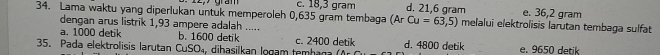 c. 18,3 gram d. 21,6 gram e. 36,2 gram
34. Lama waktu yang diperlukan untuk memperoleh 0,635 gram tembaga (ArCu=63,5) melalui elektrolisis larutan tembaga sulfat
dengan arus listrik 1,93 ampere adalah .....
a. 1000 detik b. 1600 detik
35. Pada elektrolisis larutan CuSO₄, dihasilkan logam te ha n c. 2400 detik d. 4800 detik e. 9650 detik