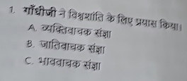 गाँधीजी ने विश्वशांति के लिए प्रयास किया।
A. व्यक्तिवाचक संज्ञा
B. जातिवाचक संज्ञा
C. भाववाचक संज्ञा