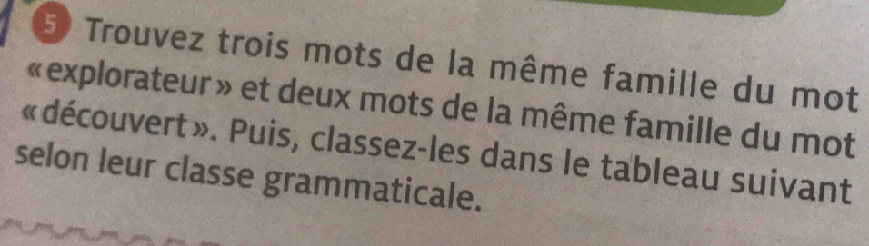 Trouvez trois mots de la même famille du mot 
«explorateur » et deux mots de la même famille du mot 
«découvert». Puis, classez-les dans le tableau suivant 
selon leur classe grammaticale.