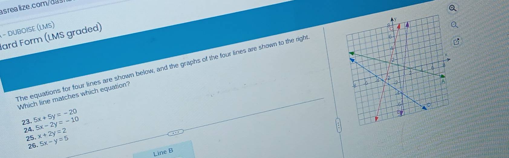 srealize.com / da
- DUBOISE (LMS)
lard Form (LMS graded)
The equations for four lines are shown below, and the graphs of the four lines are shown to the righ
Which line matches which equation?
23. 5x+5y=-20 5x-2y=-10
24. x+2y=2
25. 5x-y=5
26.
Line B