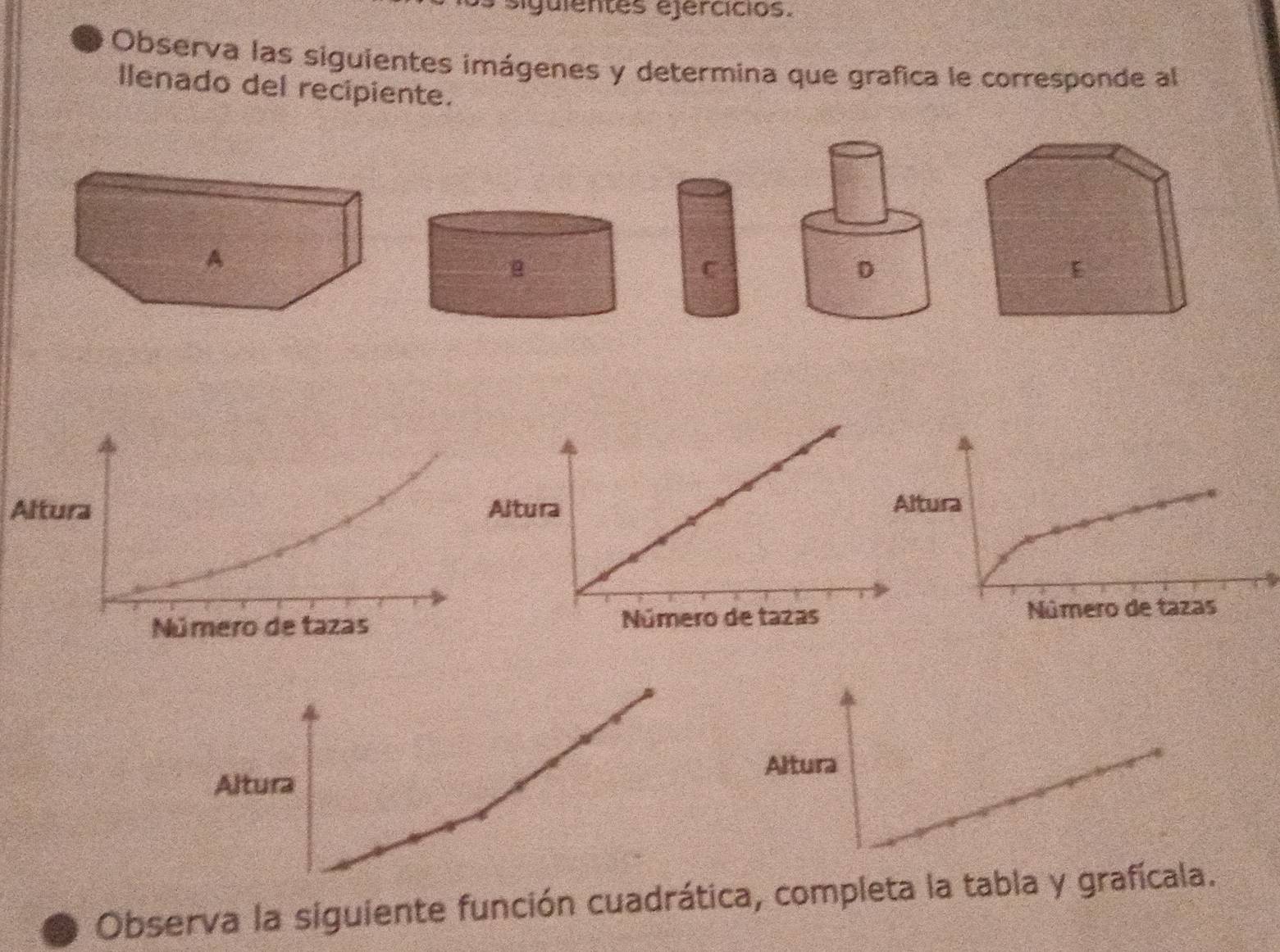 siguientes ejercícios. 
Observa las siguientes imágenes y determina que grafica le corresponde al 
llenado del recipiente. 
C 
D 
E 
Altura 
Altura 
Altura 
Observa la siguiente función cuadrática, completa la tabla y grafícala.