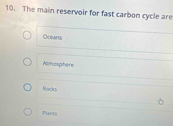 The main reservoir for fast carbon cycle are
Oceans
Atmosphere
Rocks
Plants