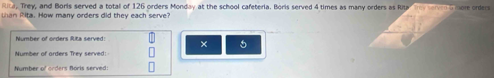 Rita, Trey, and Boris served a total of 126 orders Monday at the school cafeteria. Boris served 4 times as many orders as Rita. Trey serven 6 more orders 
than Rita. How many orders did they each serve? 
Number of orders Rita served: 
× 5
Number of orders Trey served: 
Number of orders Boris served: