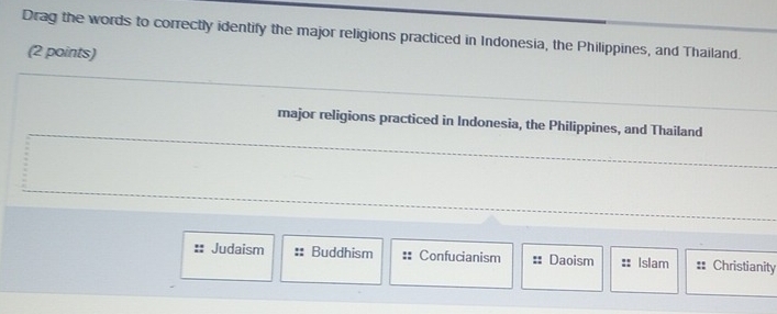 Drag the words to correctly identify the major religions practiced in Indonesia, the Philippines, and Thailand.
(2 points)
major religions practiced in Indonesia, the Philippines, and Thailand
Judaism Buddhism Confucianism Daoism Islam Christianity