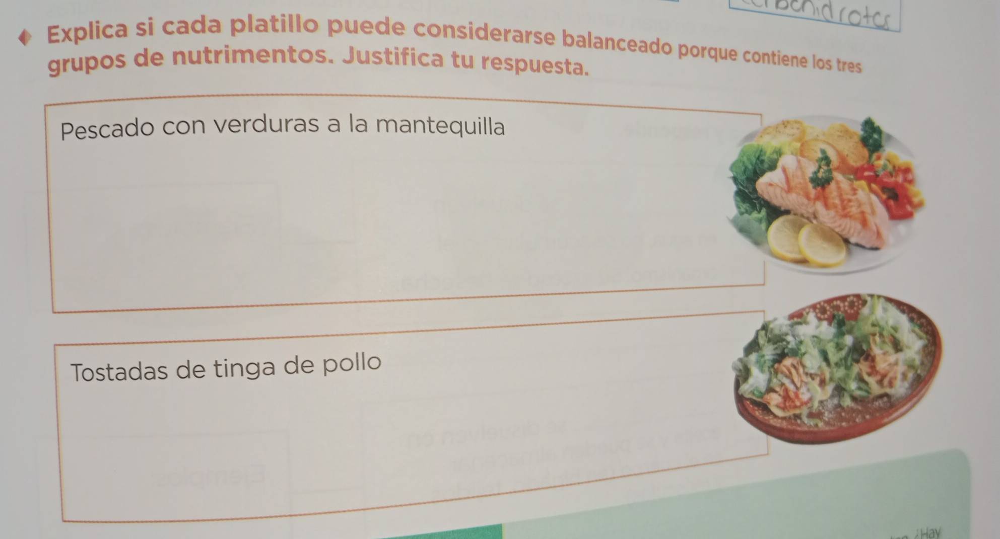 Explica si cada platillo puede considerarse balanceado porque contiene los tres 
grupos de nutrimentos. Justifica tu respuesta. 
Pescado con verduras a la mantequilla 
Tostadas de tinga de pollo 
Hav