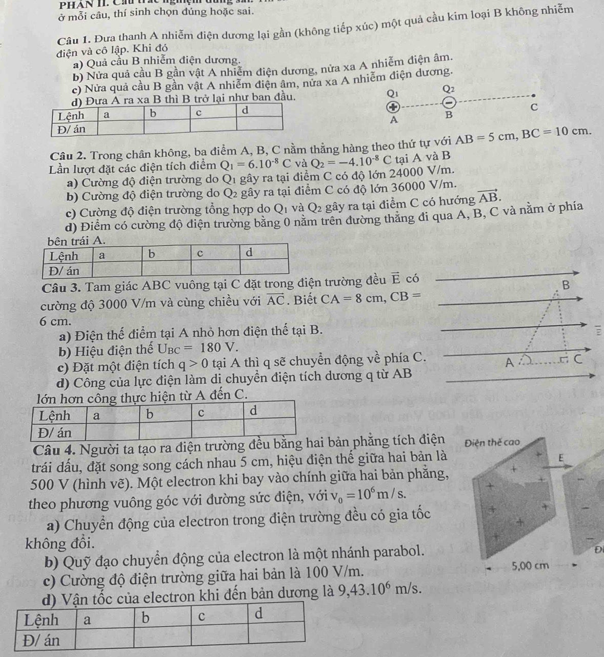 PHAN II. Cầu tác nghệm đùng v
ở mỗi câu, thí sinh chọn dúng hoặc sai.
Câu 1. Đưa thanh A nhiễm điện dương lại gần (không tiếp xúc) một quả cầu kim loại B không nhiễm
điện và cô lập. Khi đó
ả) Quả cầu B nhiễm điện dương.
b) Nửa quả cầu B gần vật A nhiễm điện dương, nửa xa A nhiễm điện âm.
c) Nửa quả cầu B gần vật A nhiễm điện âm, nửa xa A nhiễm điện dương.
a A ra xa B thì B trở lại như ban đầu. Q1 Q2
+
C
A B
Câu 2. Trong chân không, bạ điểm A, B, C nằm thằng hàng theo thứ tự với AB=5cm,BC=10cm.
Lần lượt đặt các điện tích điểm Q_1=6.10^(-8)C và Q_2=-4.10^(-8)C tại A và B
a) Cường độ điện trường do Q_1 gây ra tại điểm C có độ lớn 2 400 0 V/m.
b) Cường độ điện trường do Q_2 gây ra tại điểm C có độ lớn 36000 V/m.
c) Cường độ điện trường tổng hợp do  Q 1 và Q_2 gây ra tại điểm C có hướng vector AB.
d) Điểm có cường độ điện trường bằng 0 nằm trên đường thắng đi qua A, B, C và nằm ở phía
Câu 3. Tam giác ABC vuông tại C đặt trong điện trường đều vector E có
B
cường độ 3000 V/m và cùng chiều với vector AC. Biết CA=8cm,CB=
6 cm.
a) Điện thế điểm tại A nhỏ hơn điện thế tại B. 
b) Hiệu điện thể U_BC=180V.
c) Đặt một điện tích q>0 tại A thì q sẽ chuyển động về phía C.
A .C C
d) Công của lực điện làm dị chuyền điện tích dương q từ AB
ực hiện từ A đến C.
Câu 4. Người ta tạo ra điện trường đều bằi bản phẳng tích điện Điện thế cao
trái đấu, đặt song song cách nhau 5 cm, hiệu điện thế giữa hai bản là
E
500 V (hình vẽ). Một electron khi bay vào chính giữa hai bản phăng,
+
theo phương vuông góc với đường sức điện, với v_0=10^6m/s.
a) Chuyển động của electron trong điện trường đều có gia tốc

không đổi.
b) Quỹ đạo chuyển động của electron là một nhánh parabol.
Đ
c) Cường độ điện trường giữa hai bản là 100 V/m.
5,00 cm
ốc của electron khi đến bản dương là 9,43.10^6 1 m/s.