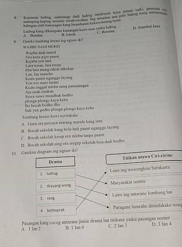 Kesenian ludrug, sadurunge dadi ludrug sandiwara kaya jaman saiki, pranyata w
makaping-kaping nemoni owah-owahan. Ing antarane ana jinis ludrug kang mitontonake
babagan olah kanuragan kang linambaran kekuwataning batin
Ludrug kang dikarepake katrangan kuwi mau yaiku ludrug D. Stambul Jawi
A. Bandan B. Lerok C. Besutan
9. Gateke tembang kreasi ing ngisor iki!
WAJIBE DADI MURID
Wajibe dadi murid
Ora kena pijer pamit
Kejaba yen lara
Lara tenan, lara tenan
Ora lara mung ethok-ethokan
Lan, lan manche
Kudu pamit nganggo layang
Yen wis mari larane
Kudu enggal mlebu neng pamulangan
Aja enak-enakan
Suwe-suwe mundhak bodho
plonga-plongo kaya kebo
Bo bocah bodho dho
Suk yen gedhe plonga-plongo kaya kebo
Tembang kreasi kuwi nyritakake
A. Guru ora percaya marang muride kang lara
B Bocah sekolah kang bola-bali pamit nganggo layang
C. Bocah sekolah kerep ora mlebu tanpa pamit
D. Bocah sekolah sing ora sregep sekolah bisa dadi bodho
10 Gatekna diagram ing ngisor iki!
Drama Titikan utawa Ciri-cirine
1. ludrug Laire ing wewengkon Surakarta
2. Wayang wong Masyarakat sentris
3 reog Laire ing antarane Jombang lan
4. kethoprak Paragane lumrahe ditindakake won
Pasangan kang cocog antarane jinise drama lan titikane yaiku pasangan nomer ...
A. 1 Ian 2 B 1 lan 4 C. 2 lan 3 D. 3 lan 4