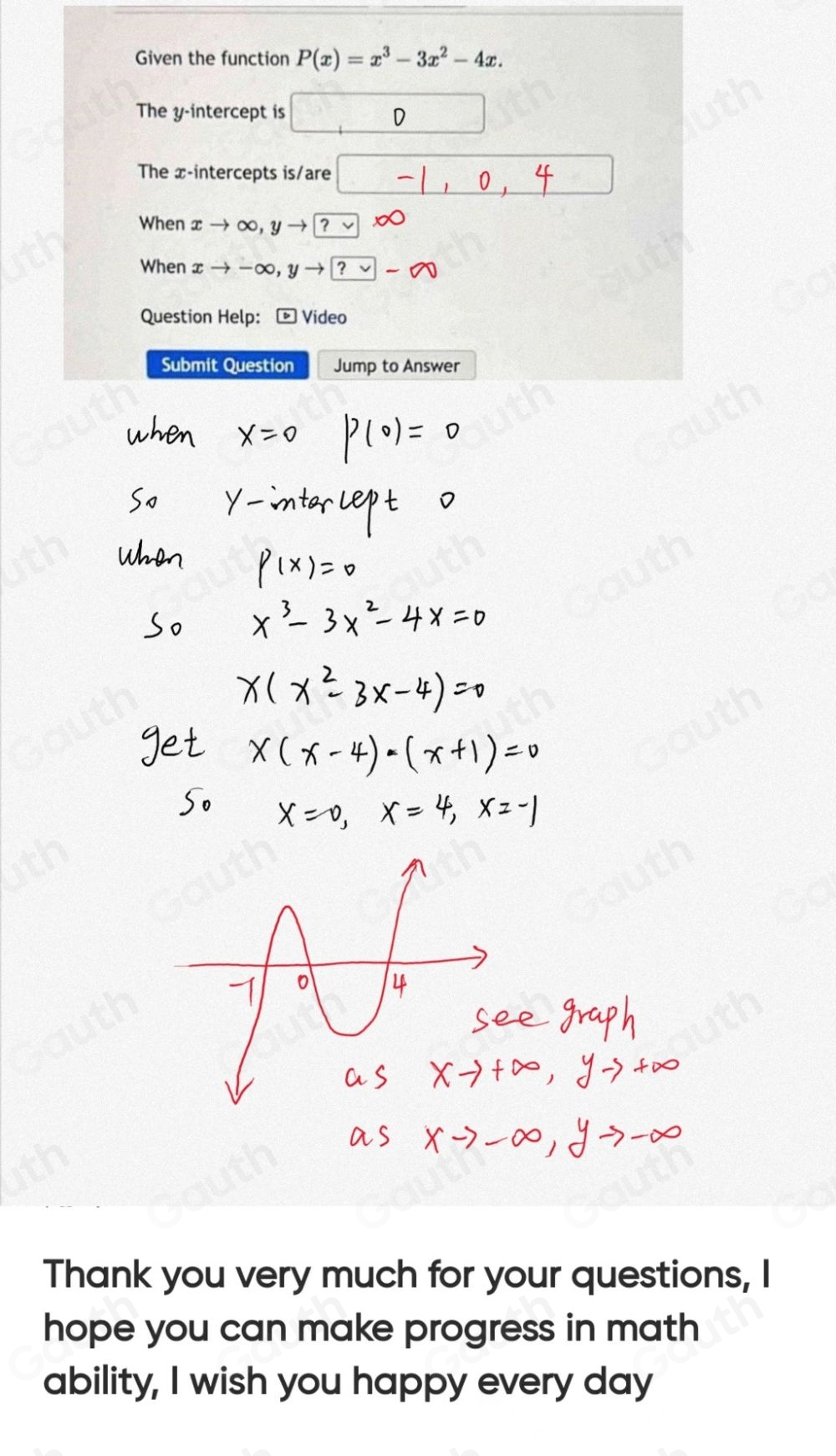 Solved: Given the function P(x)=x^3-3x^2-4x. The y-intercept is The x ...