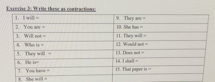 Write these as contractions: 
8. She will =